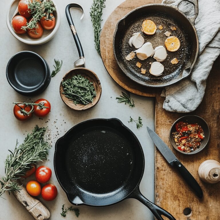 A warm and inviting modern kitchen scene featuring a well-used cast iron skillet on a countertop, surrounded by various cooking utensils, fresh ingredients like herbs and vegetables, and a gentle play of natural light coming through a window. The atmosphere is cozy and professional, reflecting a homely yet stylish cooking space, with hints of cleaning tools subtly included to represent the theme of maintaining cast iron cookware.