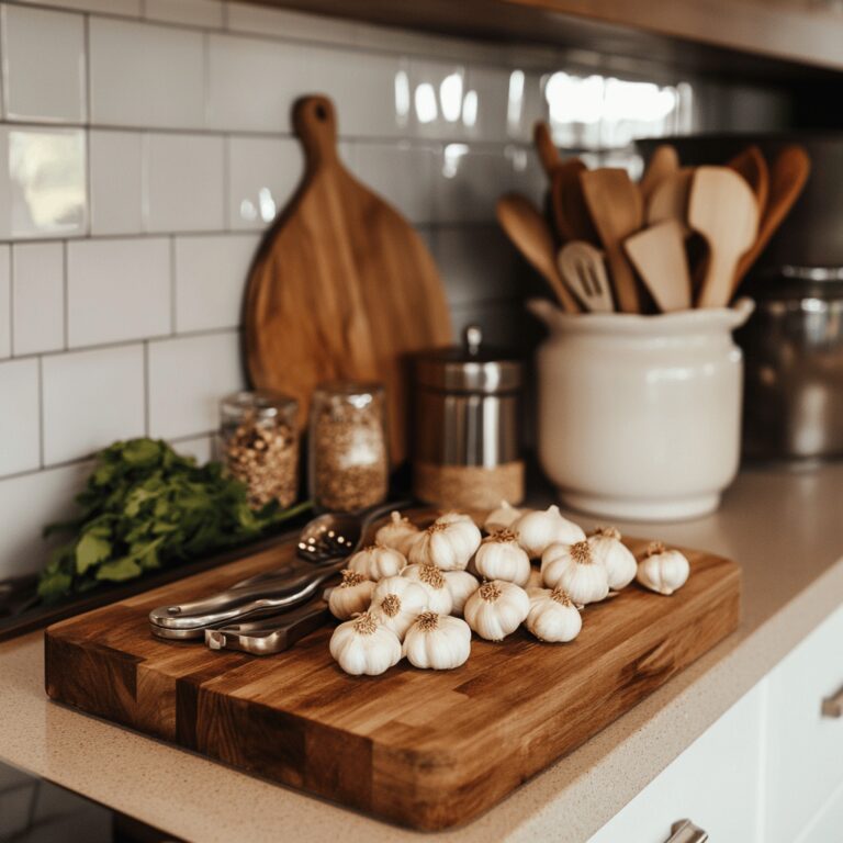 A warm and cozy modern kitchen filled with natural light, showcasing various cooking utensils and ingredients. The countertop is adorned with a rustic bowl of fresh garlic beside a cutting board, while a few cooking tools and recipe cards are artfully placed around. The scene reflects a homely yet professional atmosphere, inviting the viewer into a world of culinary creativity focused on the proper storage techniques for garlic.