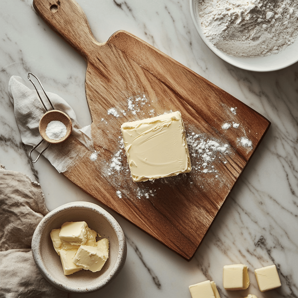A warm, inviting kitchen scene featuring various cooking tools and ingredients scattered on a countertop, with a focus on a butter dish and softened butter. Soft, natural lighting illuminates the space, highlighting a cozy atmosphere. Utensils and bowls are arranged neatly, creating a homely yet professional setting, with a subtle emphasis on baking techniques and practices.