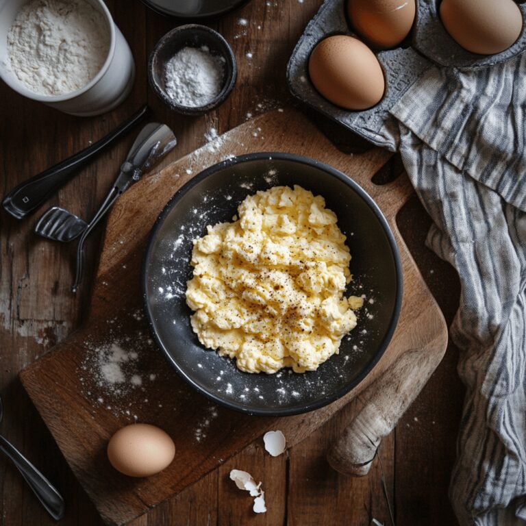 A cozy, modern kitchen featuring an array of cooking tools and ingredients, with natural lighting creating a warm atmosphere. The scene includes various utensils, bowls, and a well-organized countertop, inviting viewers into a homely yet professional cooking space that reflects the art of making perfect scrambled eggs, without focusing on a single dish.