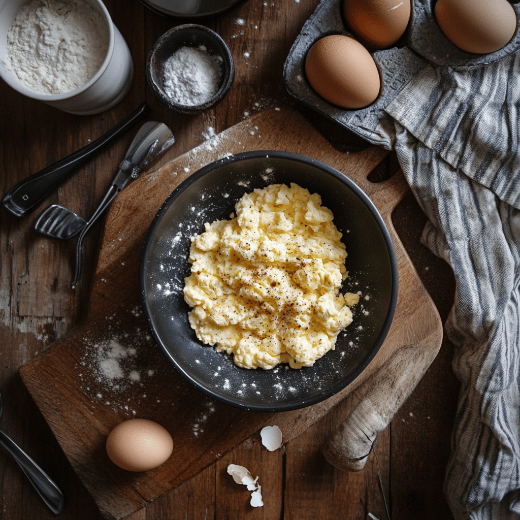 A cozy, modern kitchen featuring an array of cooking tools and ingredients, with natural lighting creating a warm atmosphere. The scene includes various utensils, bowls, and a well-organized countertop, inviting viewers into a homely yet professional cooking space that reflects the art of making perfect scrambled eggs, without focusing on a single dish.