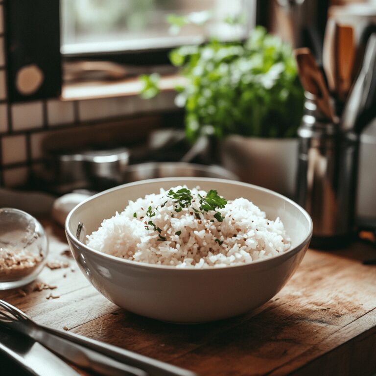 A warm and inviting modern kitchen scene with natural lighting, featuring an Instant Pot on the countertop surrounded by various cooking tools like wooden spoons and measuring cups. Bowls filled with uncooked rice and fresh ingredients are nearby, adding color and texture to the setting. Subtle details like fresh herbs, a cookbook open to a rice recipe, and the cozy atmosphere create a homely yet professional vibe, reflecting the theme of a food blog about cooking rice with an Instant Pot.