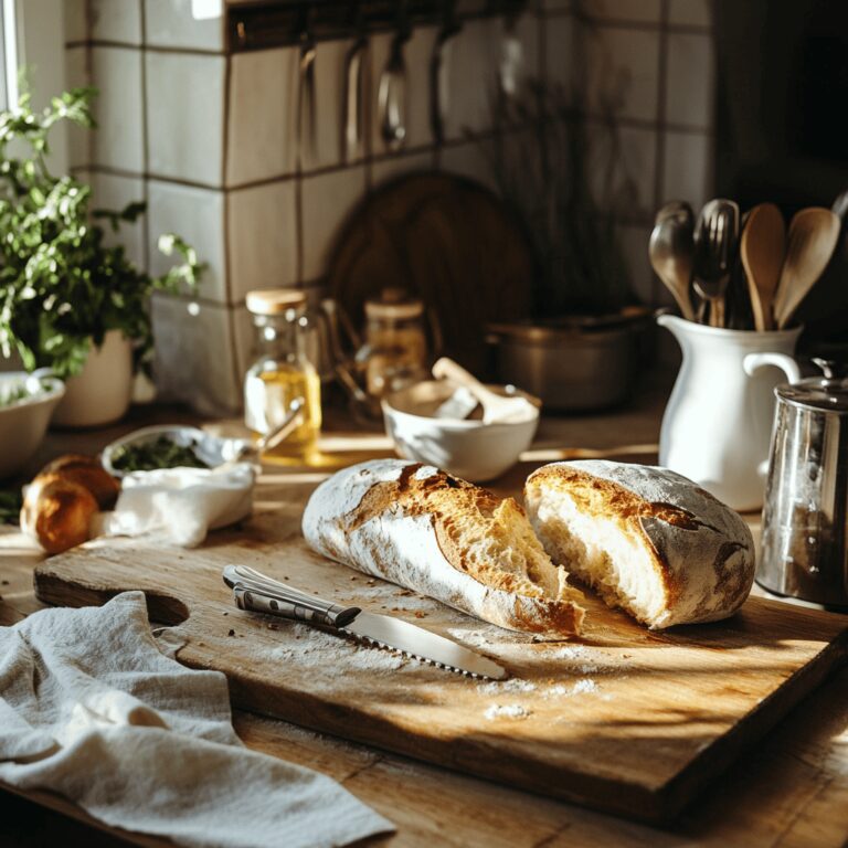 A warm and inviting kitchen scene featuring a rustic wooden countertop with an array of cooking tools, bowls, and ingredients for reviving stale bread. Soft, natural lighting filters through a nearby window, casting a cozy glow on the kitchen. In the background, hints of baking sheets and fresh herbs suggest a homey yet professional atmosphere, inviting readers to engage with the idea of transforming stale bread into something delicious.