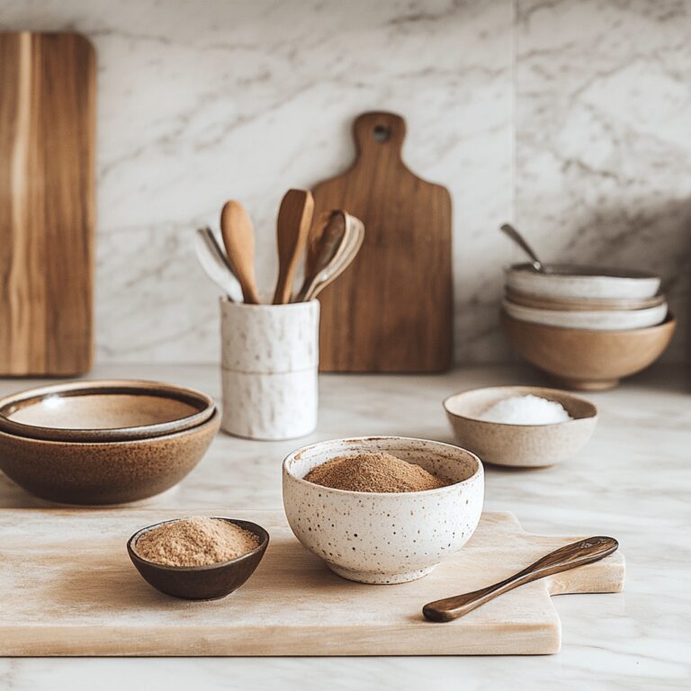 A warm, cozy modern kitchen filled with natural light, featuring a wooden countertop adorned with a bowl of soft brown sugar next to cooking utensils. A kitchen gadget designed to prevent brown sugar from hardening is subtly placed nearby, along with various fresh ingredients like herbs, spices, and baking tools, creating an inviting atmosphere that reflects a friendly and professional food blog aesthetic.